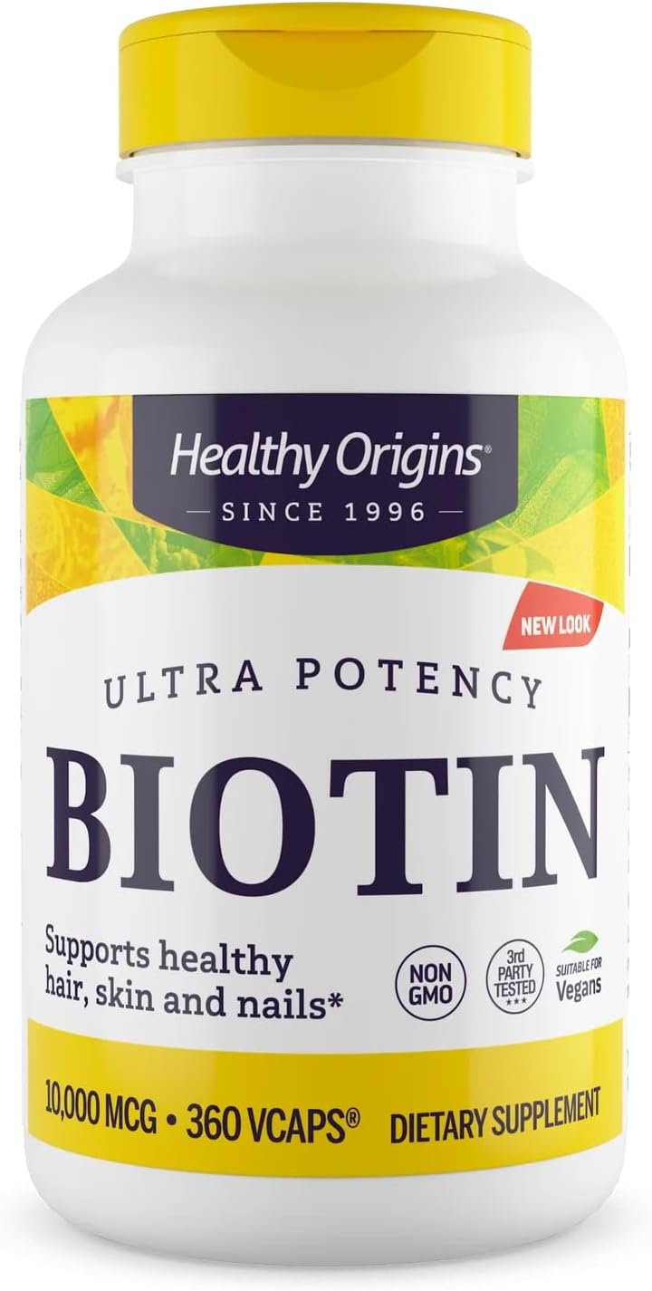 Healthy Origins Biotin 10,000 mcg (10 mg) - 360 Veggie Capsules - High Potency USP Grade Vitamin B7 Supplement for Hair, Skin & Nails - görsel 1