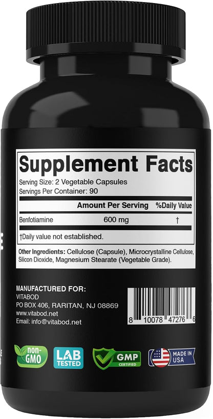 Vitabod Benfotiamine 600mg – 180 Vegetarian Capsules – Fat-Soluble Vitamin B1 Supplement