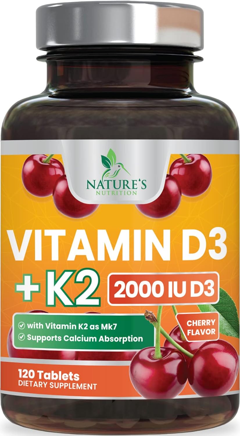 Vitamin D3 & K2 Supplement - 2000 IU D3 + 75 mcg MK-7 - Chewable Berry Tablets (120 Count) - görsel 1