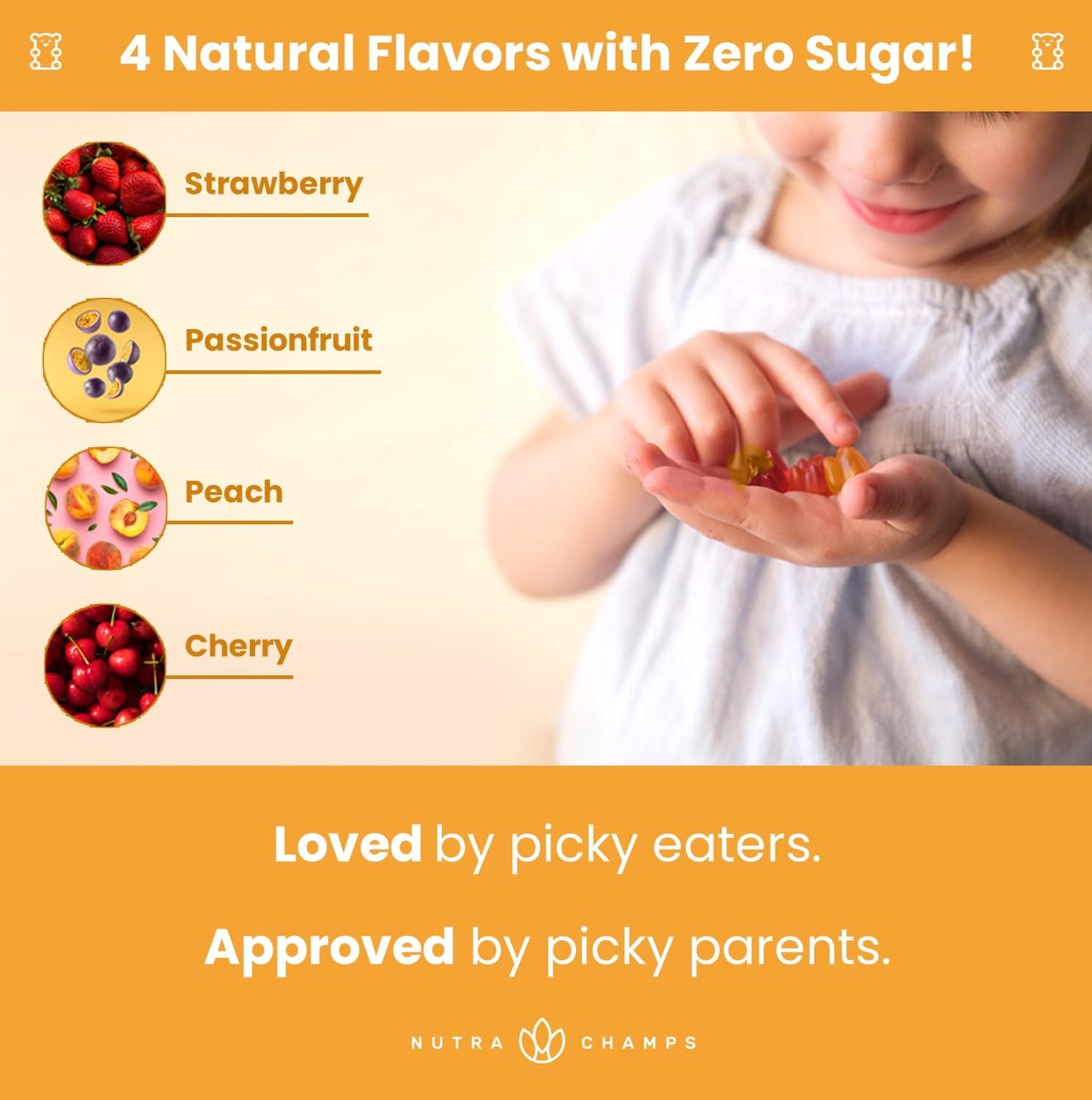 NutraChamps Children's Multivitamin Gummies – Sugar Free 120 Gummy Vitamins for Kids, Vegan & Non-GMO (Strawberry, Passionfruit, Peach & Cherry) - görsel 4