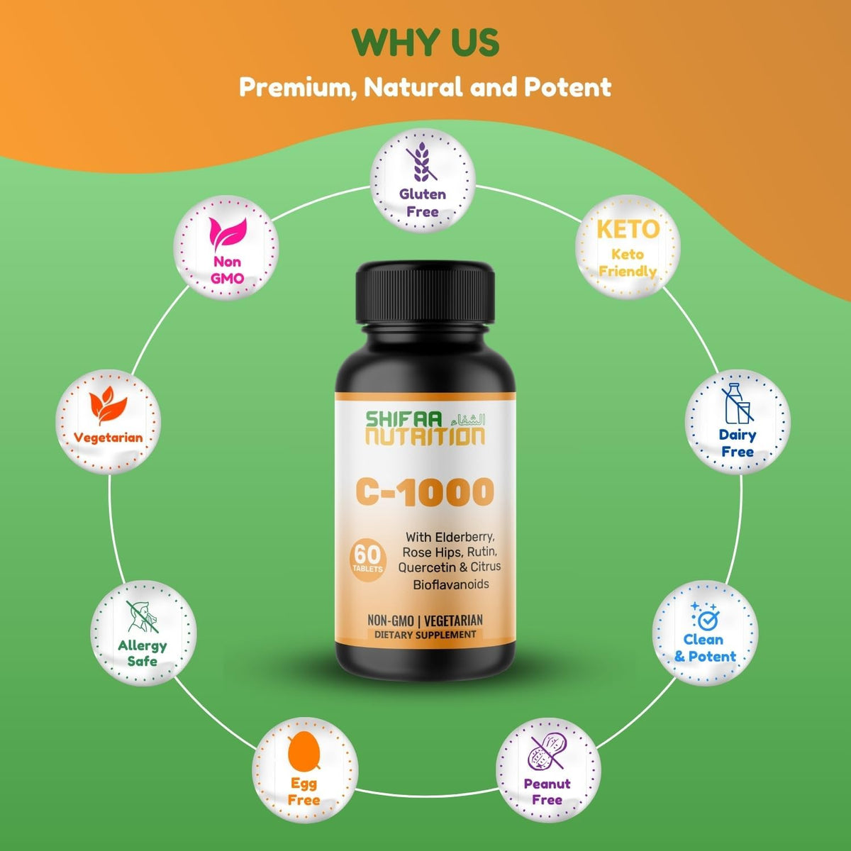 SHIFAA NUTRITION Halal Vitamin C-1000mg Tablets with Elderberry, Quercetin, Rose Hips & Rutin - Immune Support - 90 Tablets - görsel 4
