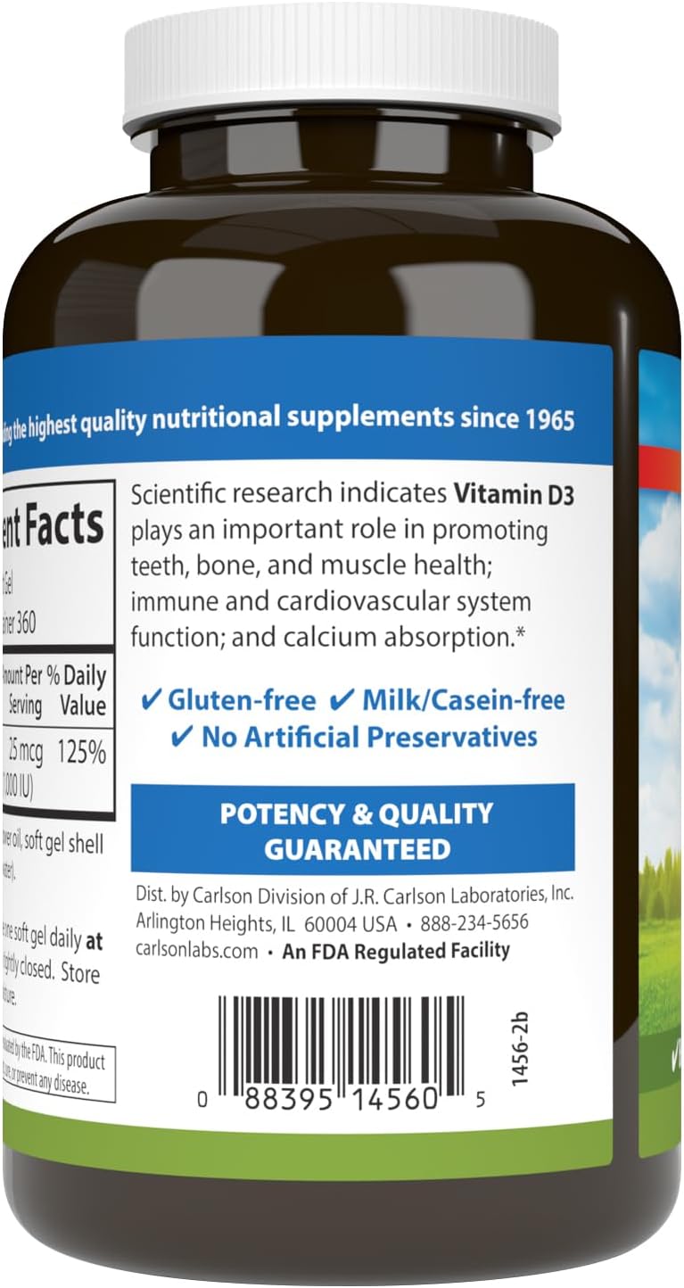 Carlson Vitamin D3 1000 IU (25 mcg) – 360 Softgels for Bone and Muscle Health - görsel 3
