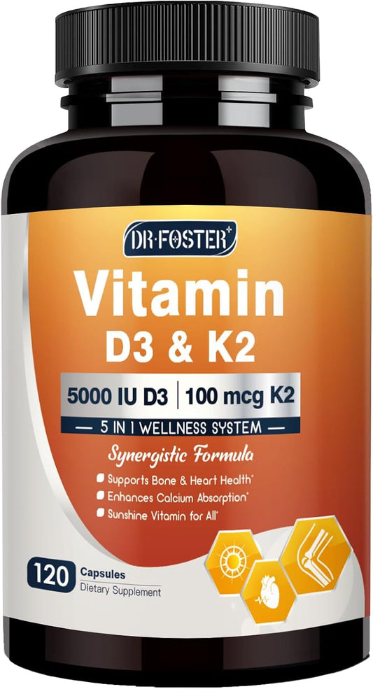 DRFOSTER Vitamin D3 & K2 Food Supplement - 5000 IU D3 + 100 mcg K2 (MK-7) with Vitamin E, Folic Acid & Methyl B12 - 120 Capsules