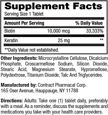 Earth's Splendor Biotin 10,000 mcg + Keratin 25 mg – Hair, Skin and Nails Support