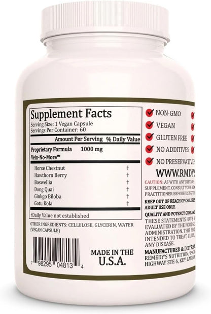 Vein No More - Herbal Food Supplement, 1000 mg, 60 Vegan Capsules
