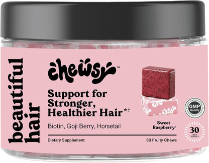 Chewsy Beautiful Hair - Hair Support Supplement with Biotin, Horsetail & Goji Berry - Raspberry Flavour, 30-day Supply