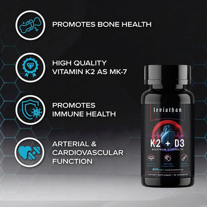 Leviathan Nutrition Vitamin D3 K2 2-in-1 Formula | 360 mcg Vitamin K2 (MK-7) + 5000 IU Vitamin D3 Vegan Organic Extra Strength