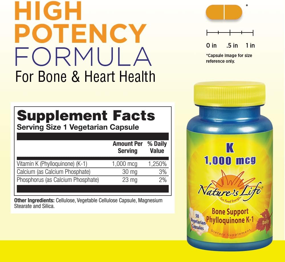 Nature's Life Vitamin K 1000mcg | Phylloquinone K-1 Supplement for Bone & Heart Health | 50 Vegetarian Capsules - görsel 2