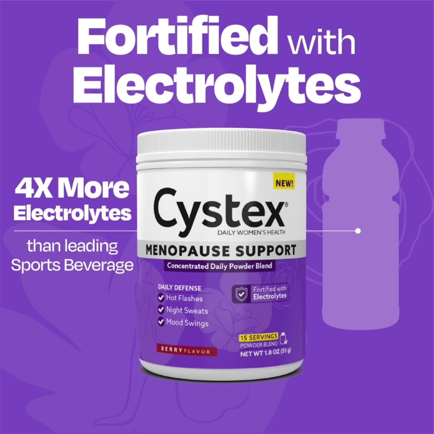 Cystex Menopause Support Powder - Daily Support for Hot Flushes, Night Sweats, & Mood Balance - Electrolyte-Enhanced Drink Mix with Clinically-Studied Ingredients, Berry Flavour - 15 Servings - görsel 5