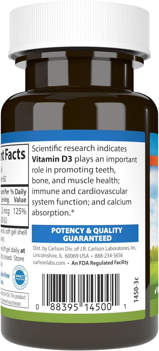 Carlson Vitamin D3, 1000 IU (25 mcg), Bone Health, Muscle Health, Cholecalciferol, Vitamin D Supplements, Vitamin D3 Soft Gels, 60 Softgels - görsel 3