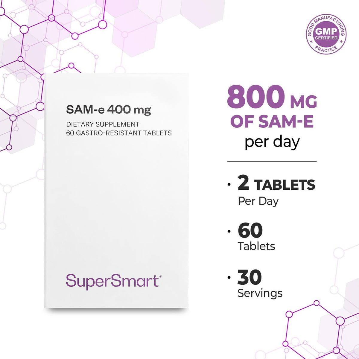 Supersmart SAM-e 400mg (80% Active Isomer S,S) - Advanced S-Adenosyl Methionine Supplement - Non-GMO & Gluten-free - 60 Enteric Coated Tablets - görsel 4
