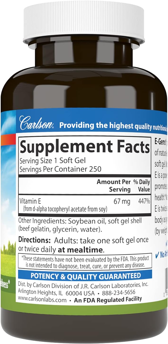 Carlson E-Gems, 100 IU, 250 Soft Gel Capsules - görsel 2