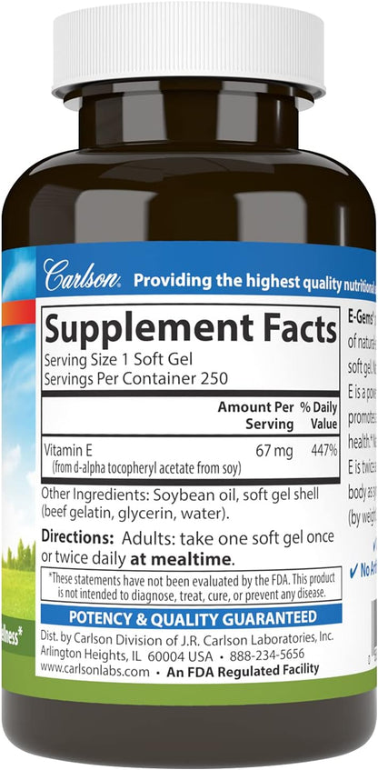 Carlson E-Gems, 100 IU, 250 Soft Gel Capsules