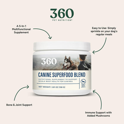 360 Pet Nutrition Canine Superfood Boost – All Life Stage Dog Meal Topper & Supplement, Supports Joint, Digestive & Immune Health, 30 Servings, Beef Flavour
