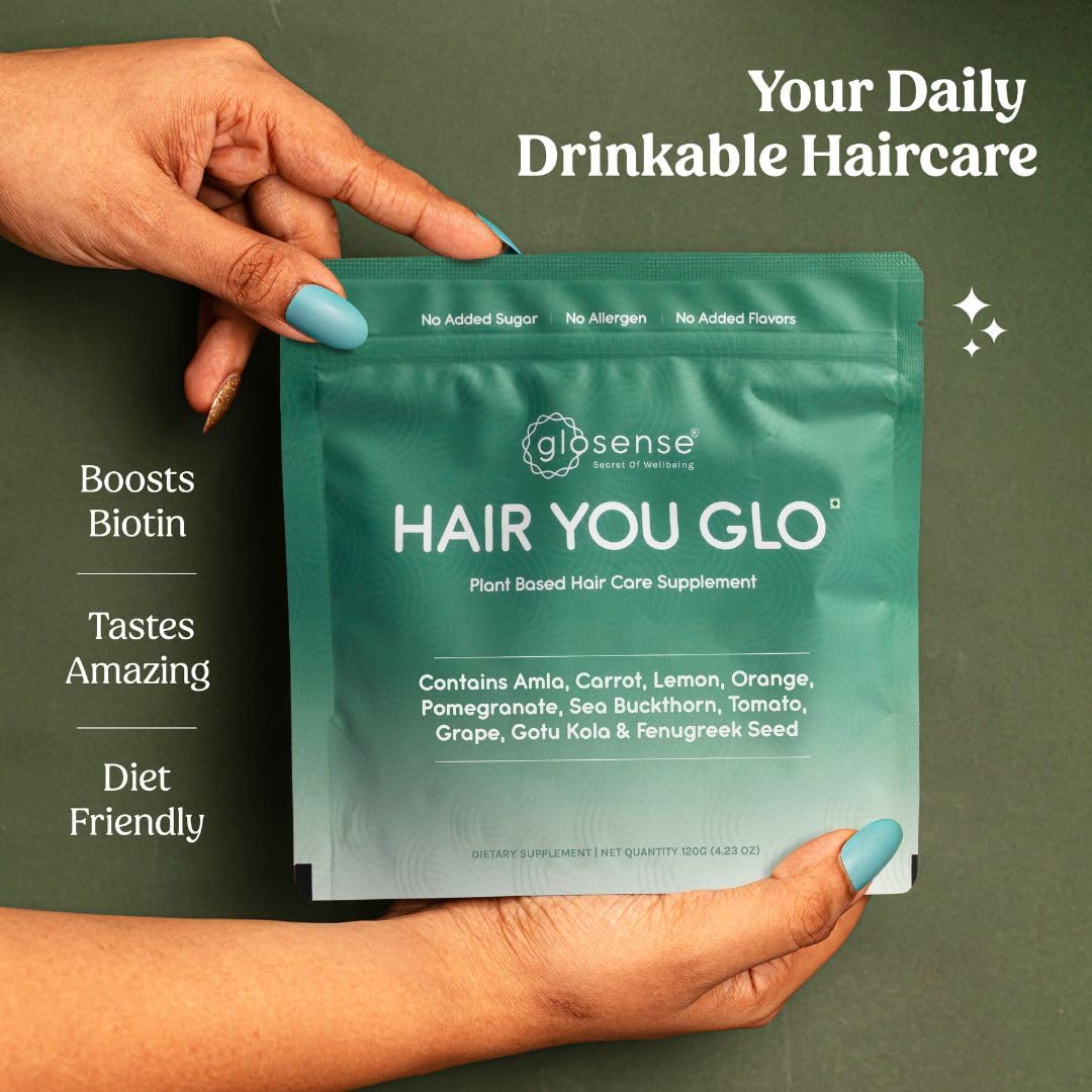 Glosense Hair You Glo – Plant-Based Biotin Supplement, Natural Hair Vitamins Powder with Amla, Sea Buckthorn, Gotu Kola, 30 Servings - görsel 4