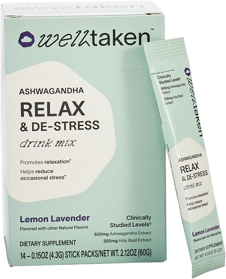 Ashwagandha Relax & De-stress Powder - Lemon Lavender 14ct Box - 600mg Ashwagandha, 200mg L-Theanine, Holy Basil – L-theanine for relaxation – Vegan, No Added Sugar - görsel 1