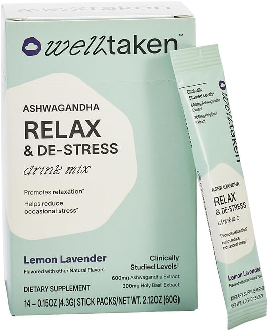 Ashwagandha Relax & De-stress Powder - Lemon Lavender 14ct Box - 600mg Ashwagandha, 200mg L-Theanine, Holy Basil – L-theanine for relaxation – Vegan, No Added Sugar