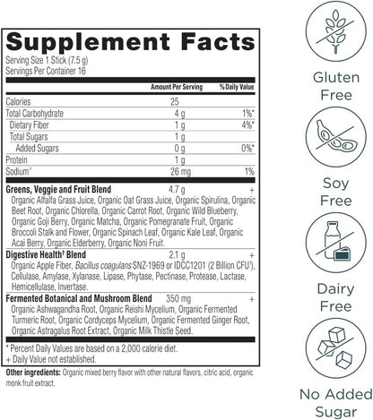Ancient Nutrition SuperGreens Powder with Probiotics, Organic Berry Flavour, 16 Stick Packs