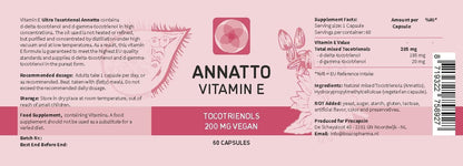 Annatto Tocotrienols Vegan Vitamin E Supplement - Tocopherol Free - 200mg - Non-GMO - 60 Capsules