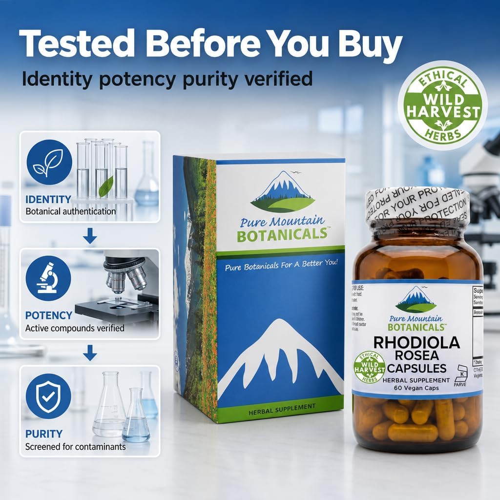 Pure Mountain Botanicals Rhodiola Rosea Supplement - 60 Capsules, 250mg - Standardised 3% Rosavins & 1% Salidroside - Vegan, – Image 4