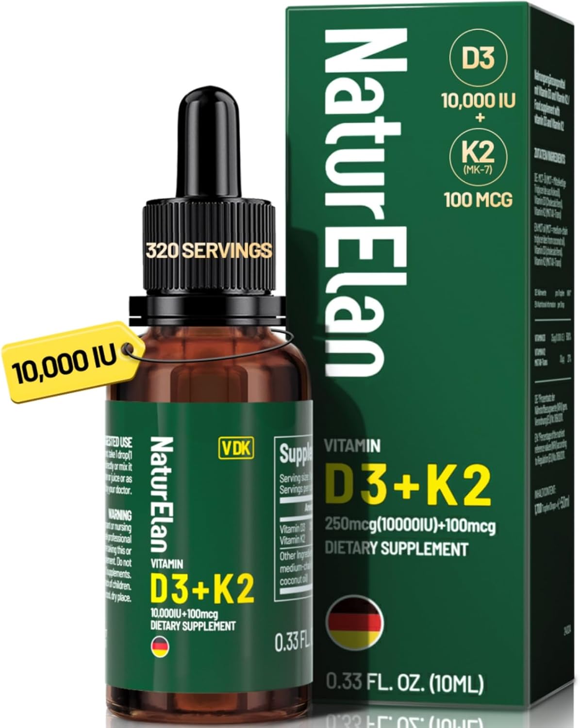 Organic Vitamin D3 K2 Drops with MCT Oil - 10,000 IU D3 + 100 mcg K2 (MK-7) - 320 Servings - görsel 1