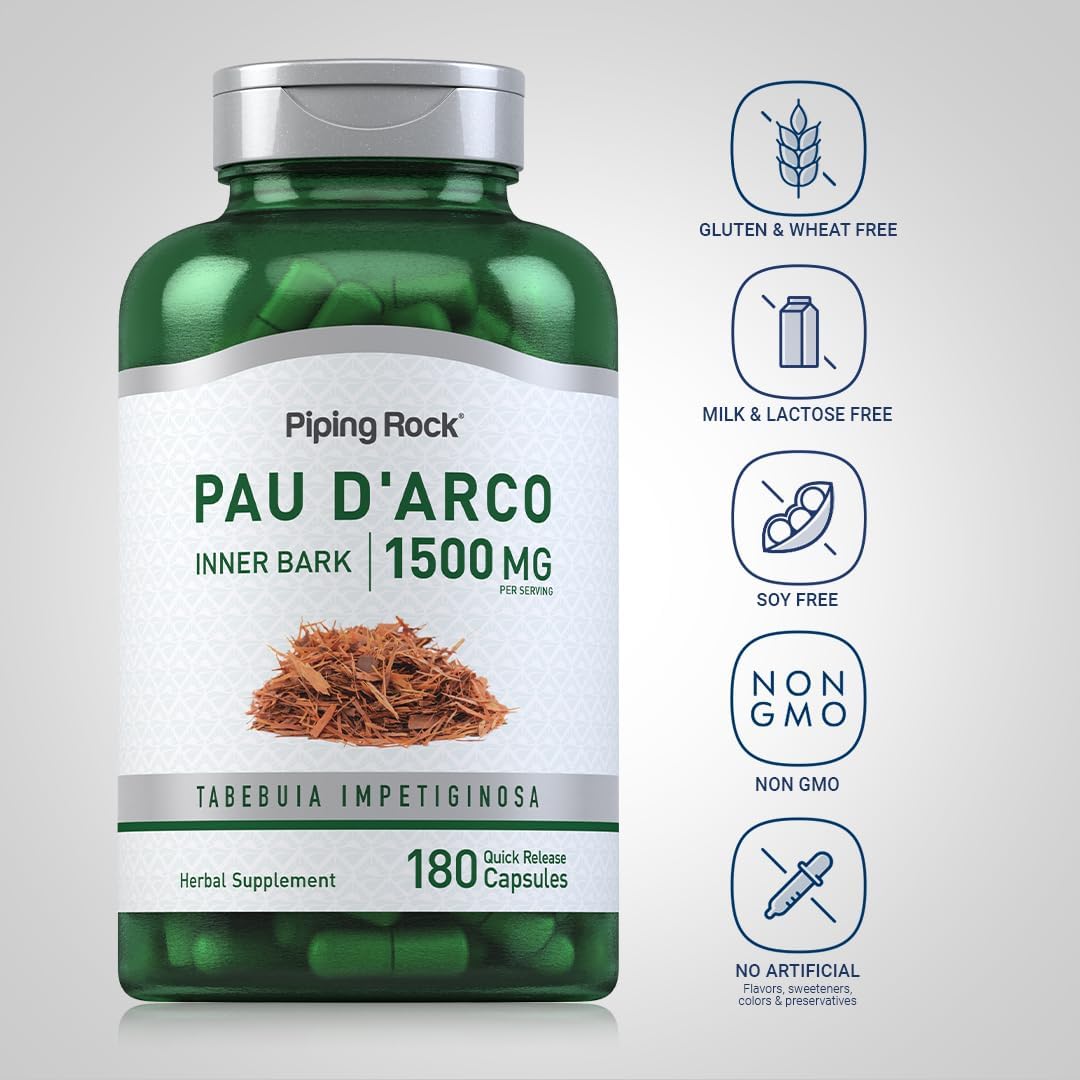 Piping Rock PAU D'Arco Capsules | 1500 mg | 180 Capsules | Inner Bark | Herb Extract Supplement | Non-GMO, Gluten-free - görsel 3