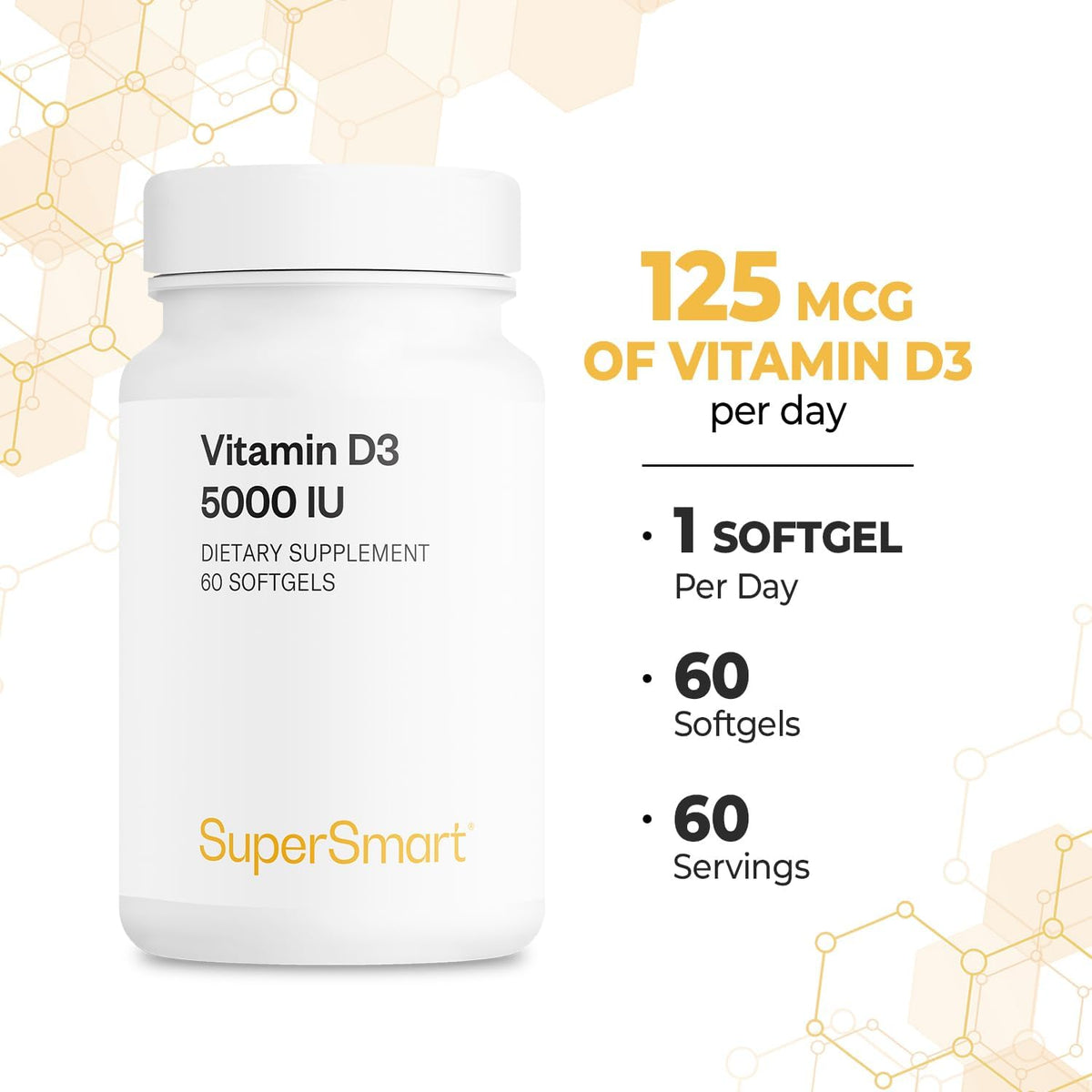 Supersmart Vitamin D3 5000 IU (125 mcg) - High Potency with Sunflower Oil - Non-GM & Gluten-free - 60 Softgels - görsel 5