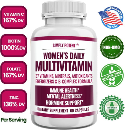 Simply Potent Women's Multivitamin – 37 Vitamins & Minerals with Biotin & Green Tea Extract (60 Capsules)