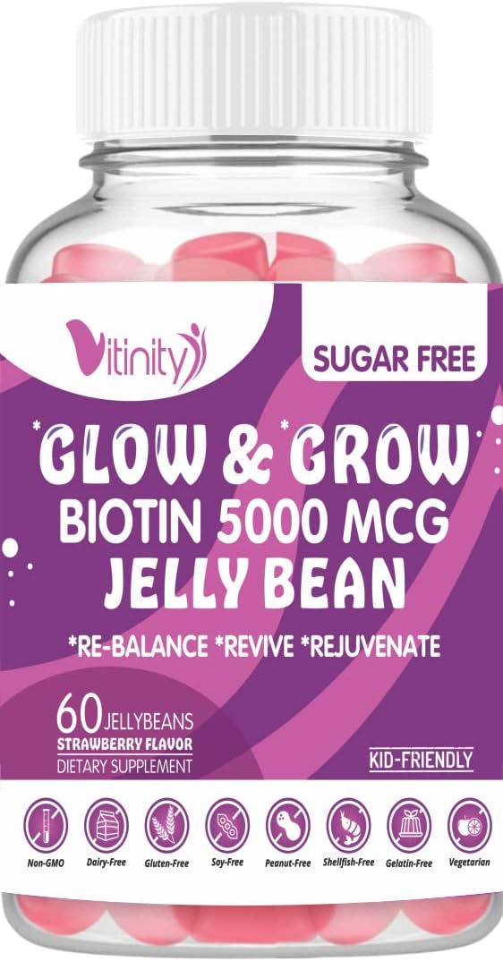 VITINITY Biotin 5000mcg Extra Strength Vegetarian Sugar-Free Supplement – Supports Healthier Hair & Skin – 60 Veggie Jelly Beans (30-Day Supply) - görsel 1