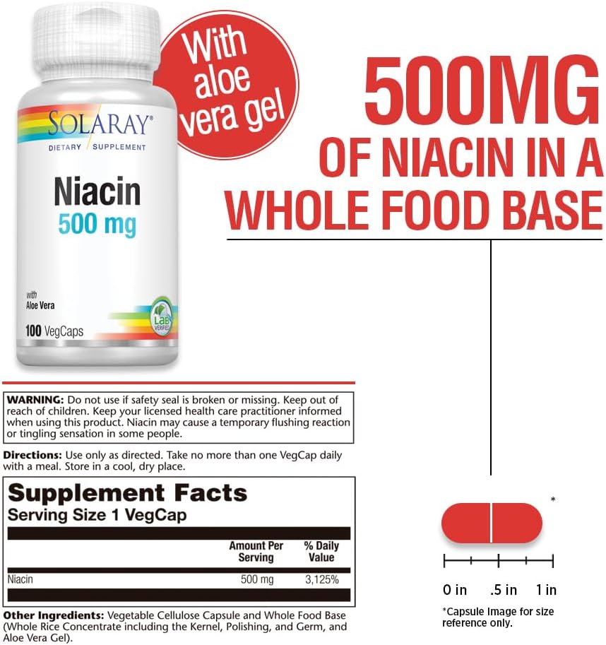SOLARAY Niacin 500 mg, Vitamin B3 – Skin Health, Nervous System & Energy Support – 100 Capsules - görsel 2
