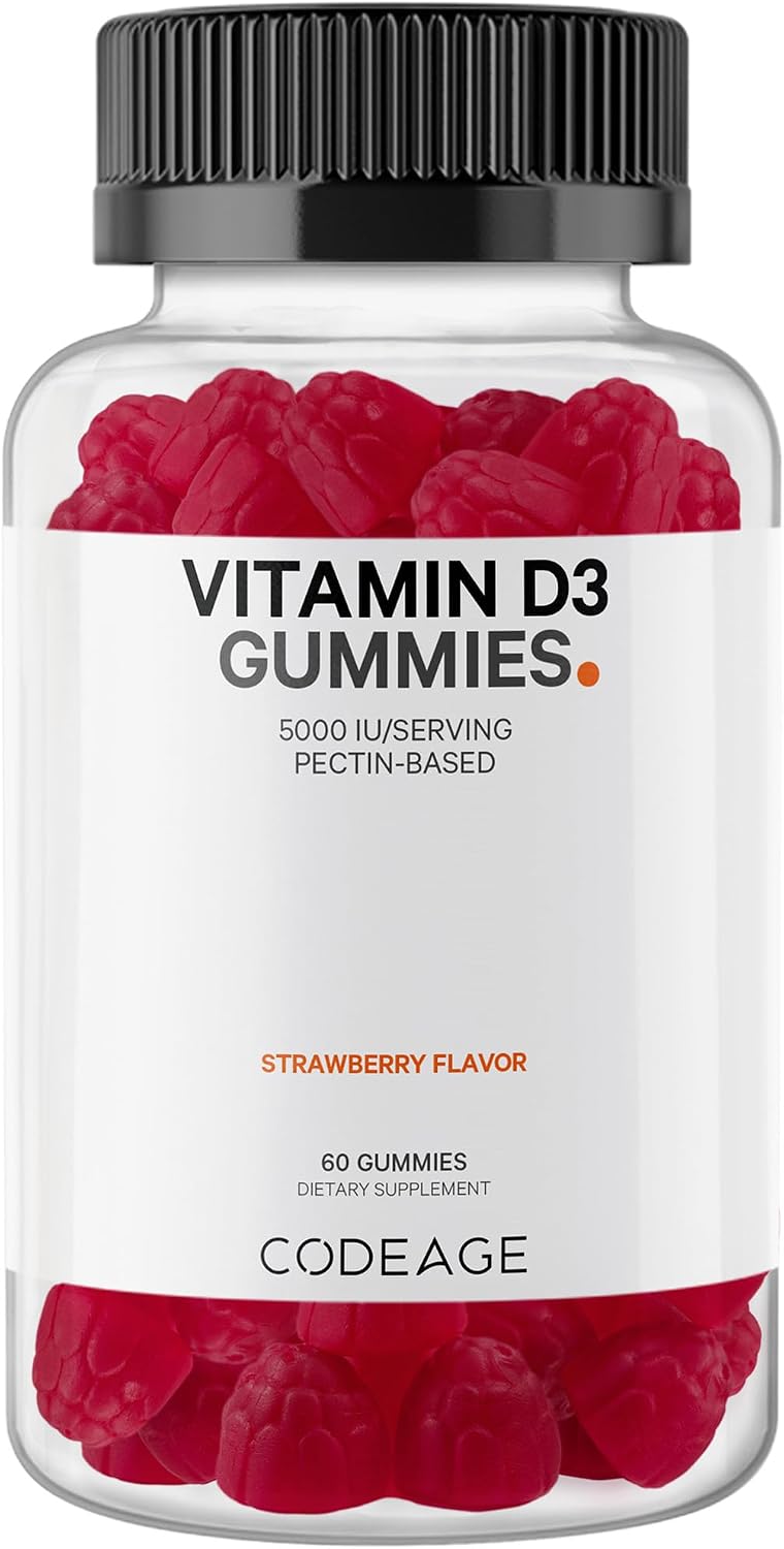 Codeage Vitamin D3 Gummies, 5000 IU Cholecalciferol, Pectin-Based, Strawberry Flavour, 60 Gummies - görsel 1