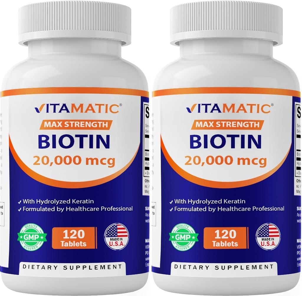 Vitamatic High Potency Biotin 20000 mcg (20 mg) with Keratin 100 mg – 120 Tablets (Pack of 2) - görsel 1