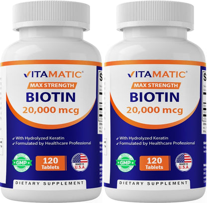 Vitamatic High Potency Biotin 20000 mcg (20 mg) with Keratin 100 mg – 120 Tablets (Pack of 2)