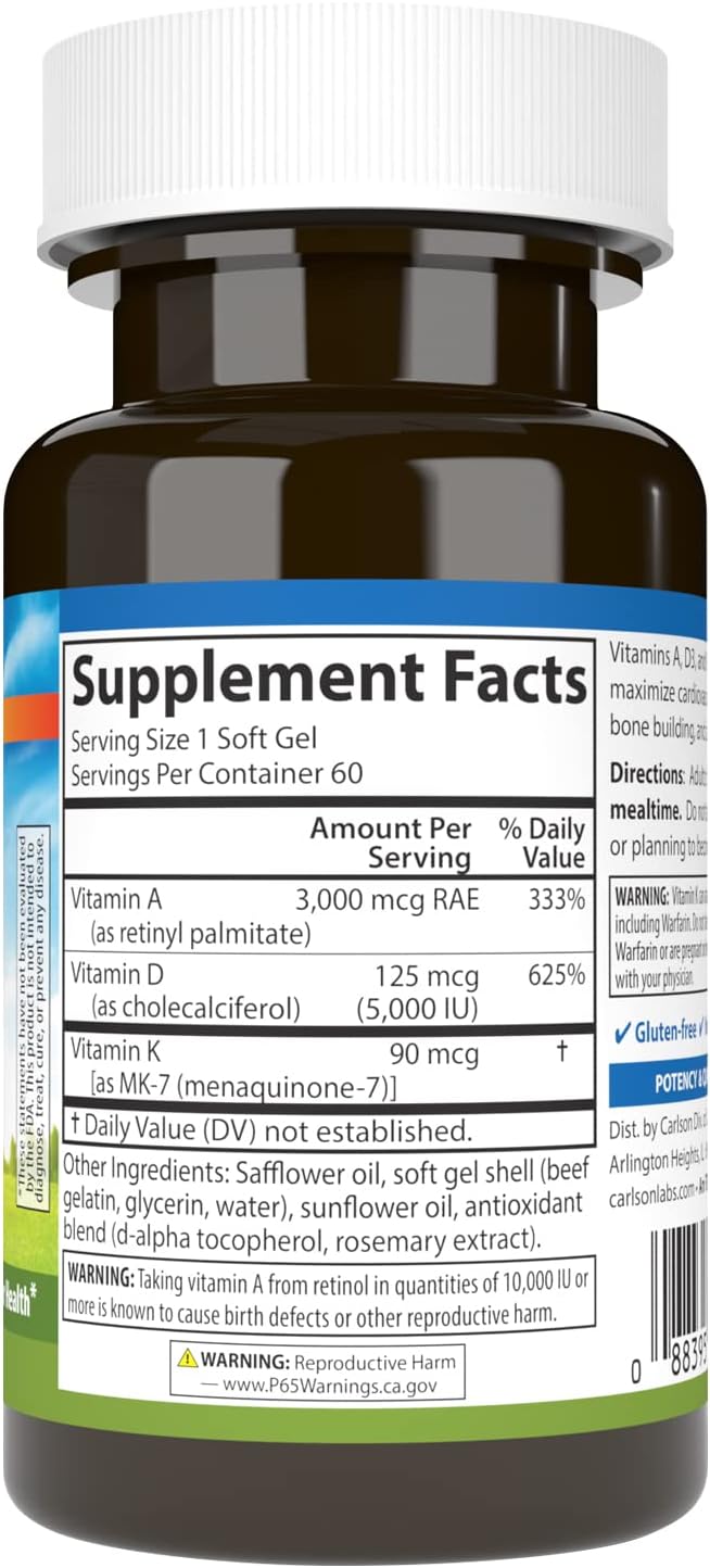 Carlson - Vitamins A, D3, K2 - 3000 mcg RAE Vitamin A, 125 mcg Vitamin D3, 90 mcg Vitamin K2 as MK-7 - 60 Softgels - görsel 2
