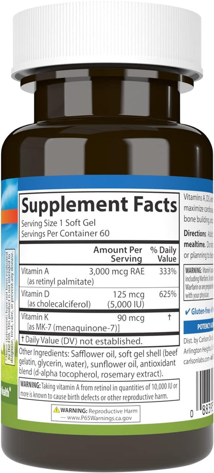 Carlson - Vitamins A, D3, K2 - 3000 mcg RAE Vitamin A, 125 mcg Vitamin D3, 90 mcg Vitamin K2 as MK-7 - 60 Softgels