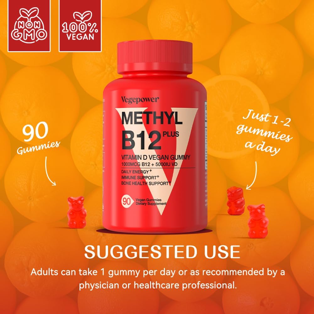 Vegan Vitamin D3 & B12 Gummies, Methyl B12 Supplement for Adults & Children, Enhanced with Vitamin D3 for Natural Energy, Immune Support, Metabolism, and Focus, Orange Flavour, 90 Gummies - görsel 8