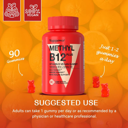 Vegan Vitamin D3 & B12 Gummies, Methyl B12 Supplement for Adults & Children, Enhanced with Vitamin D3 for Natural Energy, Immune Support, Metabolism, and Focus, Orange Flavour, 90 Gummies