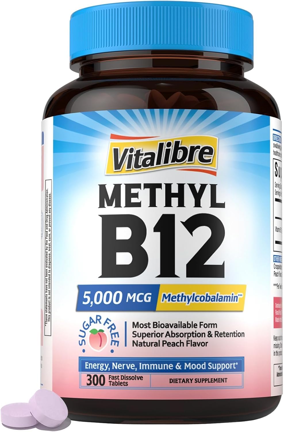 Vitalibre Vitamin B12 5000 mcg Sublingual Methylcobalamin - Fast Dissolve, Vegan, Natural Peach Flavour, 180 Tablets - görsel 8