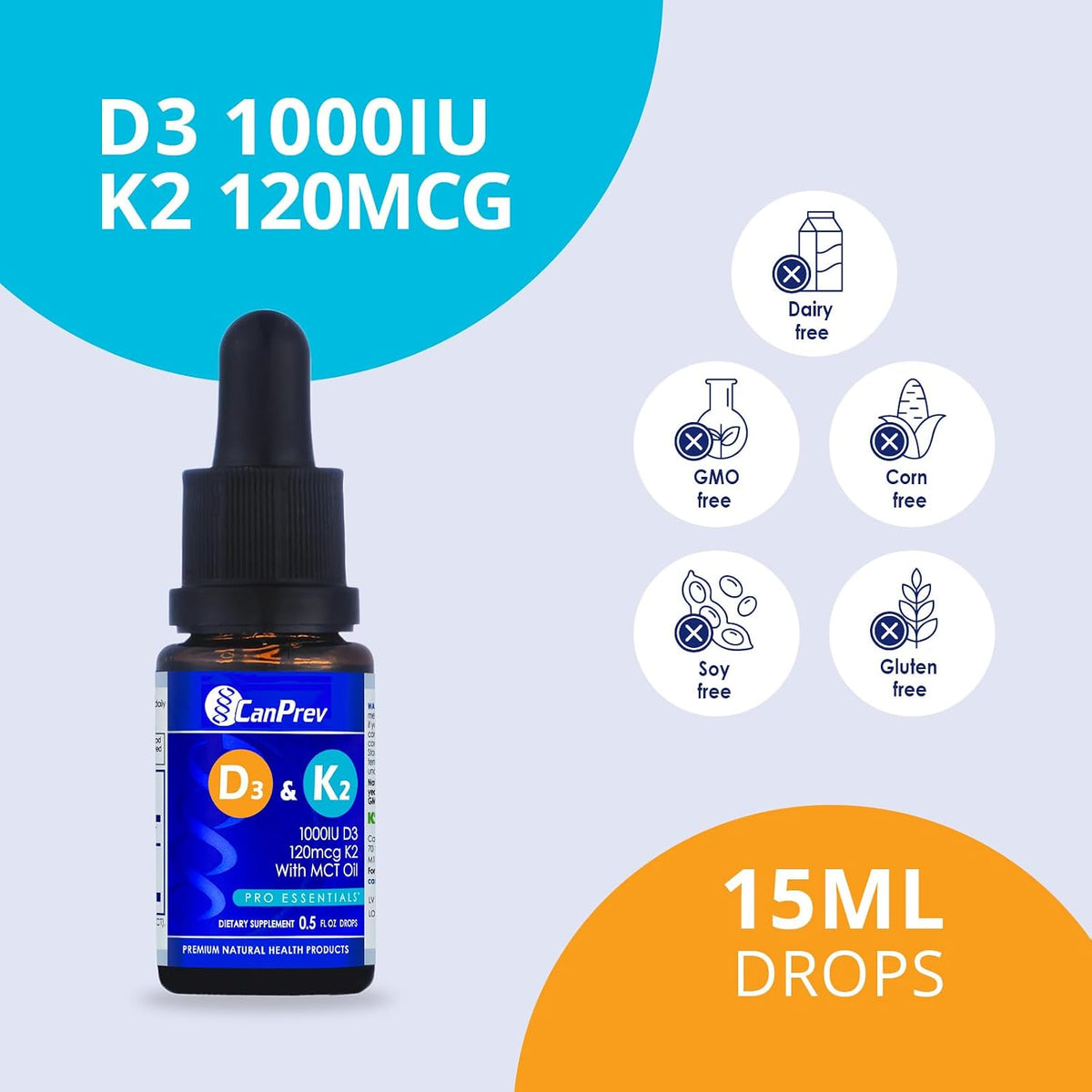 CanPrev D3 & K2 Drops - 250 IU vitamin D3 & 30 mcg MK-7 vitamin K2 per drop, MCT oil base, 15 ml - görsel 3