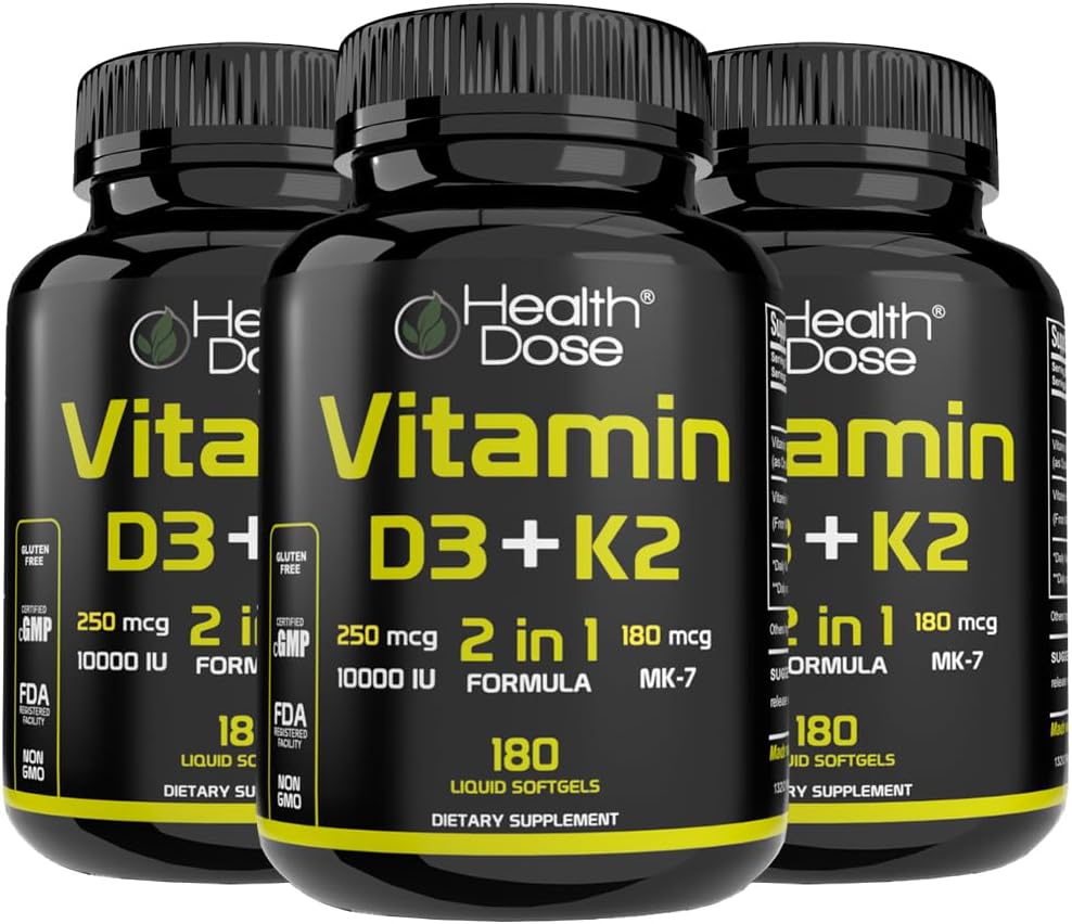 Health Dose Vitamin D3 10,000 IU & K2 (MK-7) Food Supplement, 2-in-1 Formula, 180 Soft Gel Capsules - görsel 1