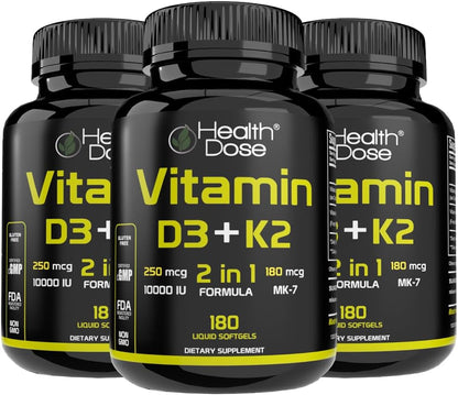 Health Dose Vitamin D3 10,000 IU & K2 (MK-7) Food Supplement, 2-in-1 Formula, 180 Soft Gel Capsules