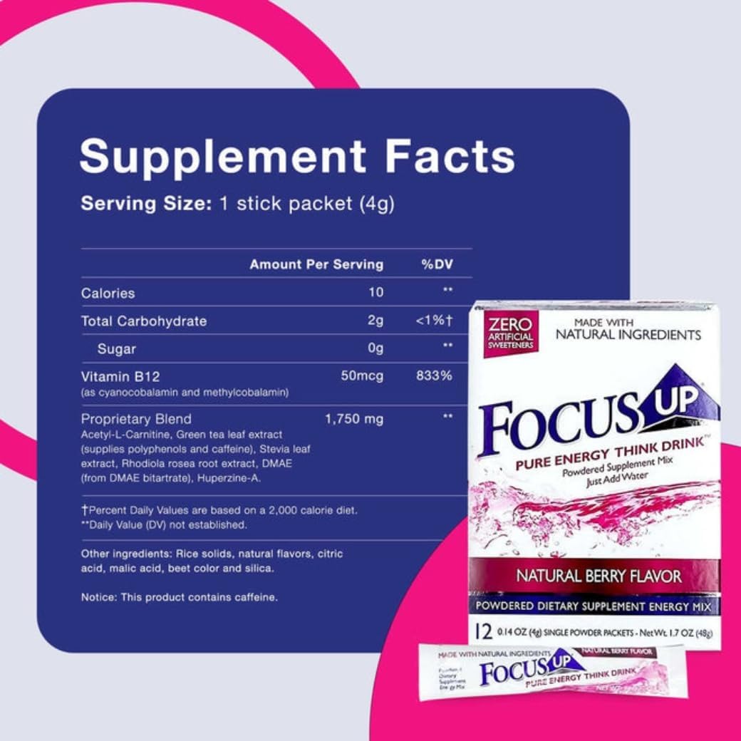 FocusUP Think Drink – Nootropic Powder for Focus & Energy, Acetyl L-Carnitine, Rhodiola, DMAE, Huperzine-A, 12 Stick Packs - görsel 2