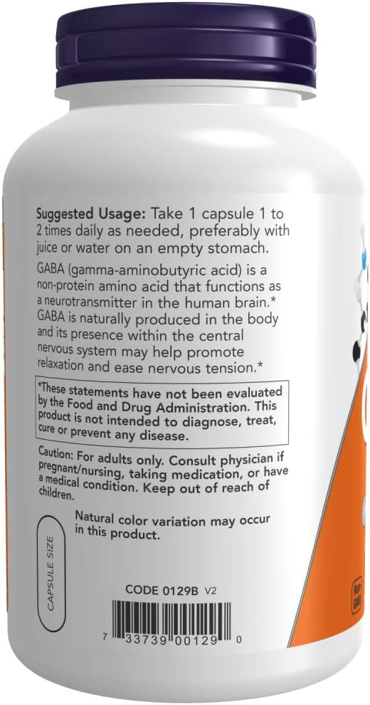 NOW Foods GABA (Gamma-Aminobutyric Acid) 750 mg, 200 Vegetable Capsules - görsel 3
