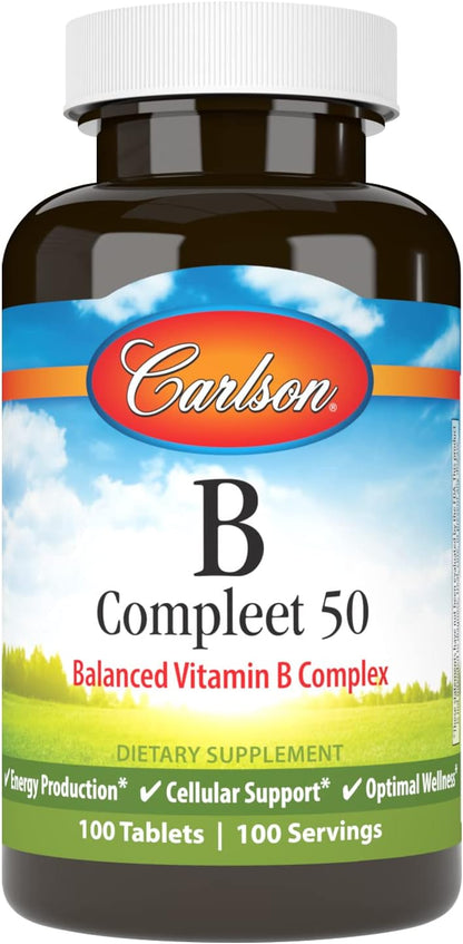 Carlson B-Compleet 50, Balanced Vitamin B Complex, Energy Support, Cellular Wellness, 100 Tablets