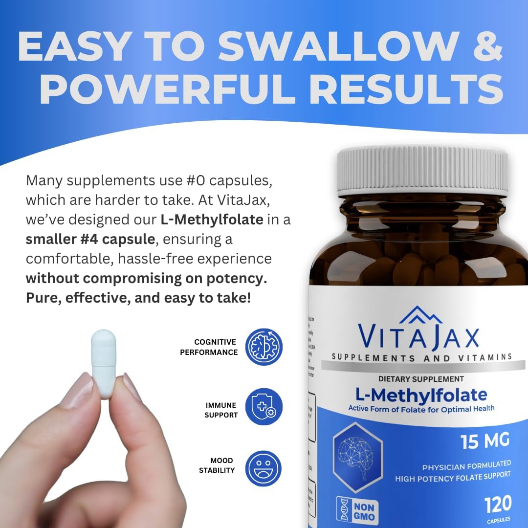VITAJAX L-Methylfolate 15 mg, 120 Capsules – Active Folate (5-MTHF) for Cognitive and Cardiovascular Support - görsel 7