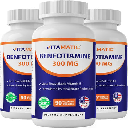 Vitamatic Benfotiamine 300 mg - Fat Soluble Vitamin B1 Food Supplement (3 Bottles, 270 Capsules)