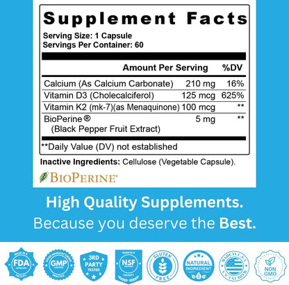 Staver Health Vitamin K2 and D3 with Calcium and Bioperine