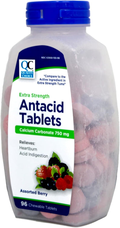 Quality Choice Extra Strength Antacid Tablets, Calcium Carbonate 750 mg, Assorted Berry Flavour, 96 Chewable Tablets (Pack of 2)