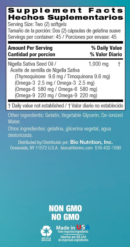 Bio Nutrition Black Seed Oil 1000mg 90 Softgels | Cold Pressed Nigella Sativa | Essential Fatty Acids Supplement