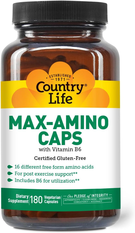 Country Life Maxi-Amino Capsules – 16 Free-Form Amino Acids with Vitamin B-6 – 180 Vegetarian Capsules